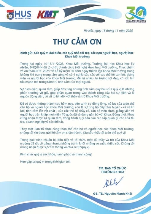 Thư cảm ơn - Sự kiện Lễ kỷ niệm 30 năm thành lập Khoa Môi trường