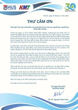Thư cảm ơn - Sự kiện Lễ kỷ niệm 30 năm thành lập Khoa Môi trường